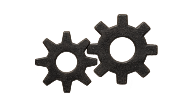 dois Preto metal engrenagens com texturizado superfície intertravamento, simbolizando trabalho em equipe, Engenharia, e mecânico conexão, isolado em transparência fundo para industrial ou tecnologia conceitos png