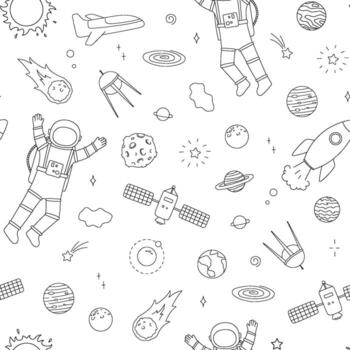 sin costura modelo con espacio línea arte, cohete, astronauta y estrellas. garabatear mano dibujado ilustraciones, repitiendo fondo vector