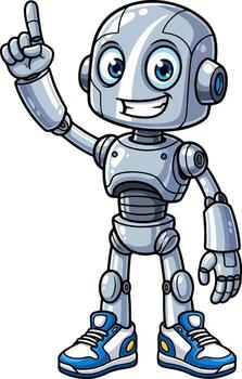 Robot mascot standing and pointing up vector