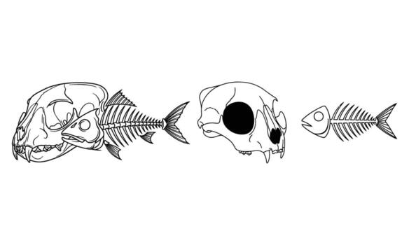Artistic depiction of skeletal cat and fish forms merged in creative line art vector