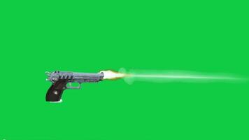 pistol bränning, skytte med munkorg blixt effekt sida se 3d framställa animering isolerat på grön skärm bakgrund video