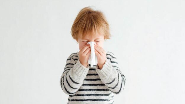 Young Child Sneezing in Minimalist White Studio Setting with Focus on Hygiene Practices photo