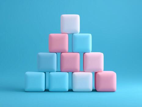 moderno pastel cubitos apilado en degradado colores en un brillante azul antecedentes foto