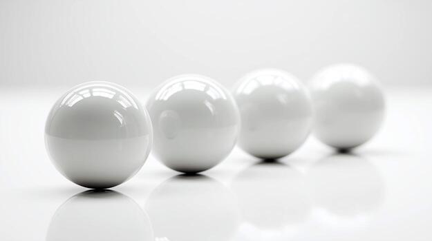 Glossy Spheres Aligned on Soft White Background with Reflective Surface photo