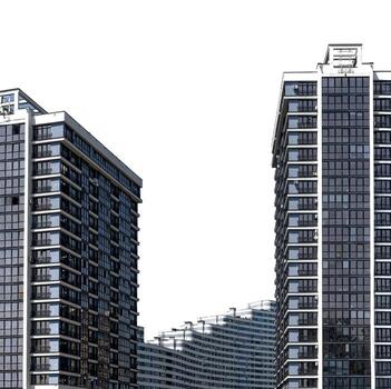 Building facade in metropolis view. Modern concrete multistorey architecture displays patterned photo