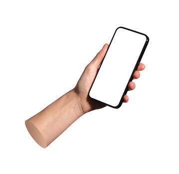 Phone held upright with empty screen. Useful mockup for mobile layout testing. Isolated on white photo