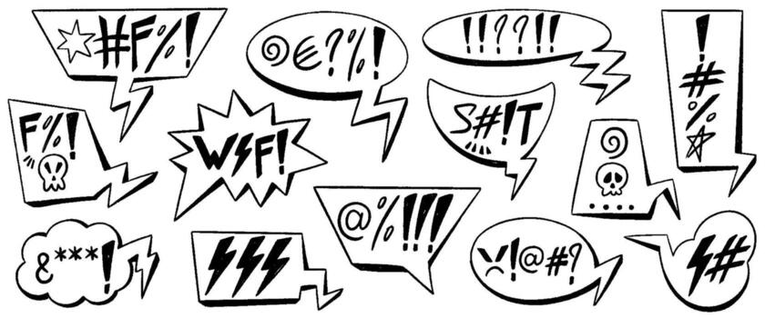 Crayon speech bubbles with swear words. Bad bulling expression on chat dialog boxes. Hand drawn chalk pencil communication frames with curses, skull icon, censored with symbols in grunge doodle style vector