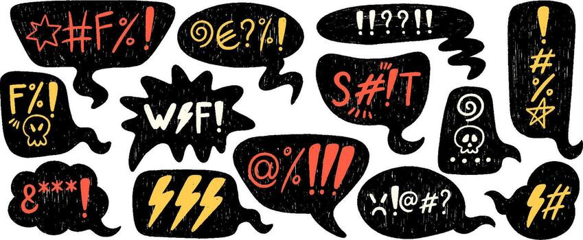 Hand drawn crayon speech bubbles with swear words. Chalk pencil communication frames with curses, skull icon, censored with symbols in crayon grunge style for negative expression, angry or bad mood. vector