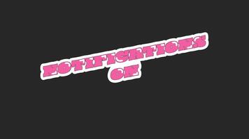 animerad cta knapp aviseringar på i retro rosa bubbla brev. be abonnent till sväng på varningar. glansig text avslöja animering inuti vit silhuett översikt med Understrykning susa på svart video