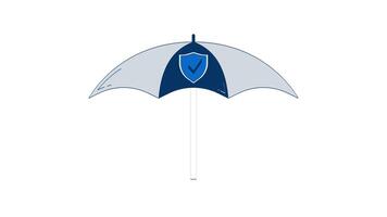 Protective umbrella with security shield emblem 2D object doodle animation. Insurance coverage. Open parasol with checkmark animated flat element isolated on white background. Cartoon 4K drawing video