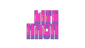 geanimeerd woord leven hack in dynamisch dampgolf typografie. knap tip jargon. creatief advies helpen. reddingsboei. glad tekst animatie met gelaagde schaduwen glijden omhoog en omlaag. retro Golf beweging grafiek video