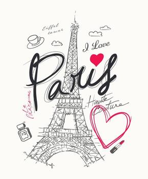 Sketchy Hand drawn Paris Scene with Eiffel Tower and Fashion Elements vector