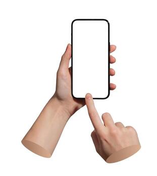 Mobile device with empty screen in hands. Finger touches touchscreen for action. Mockup for user photo