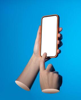 Phone screen mockup in hands against blue background. Finger taps display to simulate using mobile photo