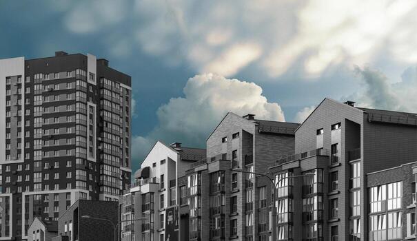 Apartment complex with geometric pattern. Stylish highrise building with multiple windows and modern photo