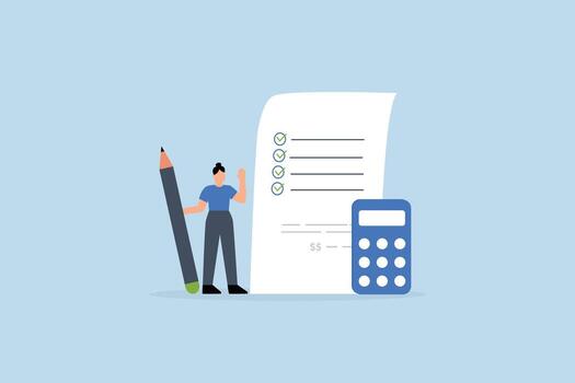 Project cost estimation, businesswoman with calculator estimate cost from project document, vector