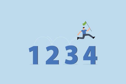 Step by step guide to success, smart businessman jumping on guideline number from 1 to 4, vector