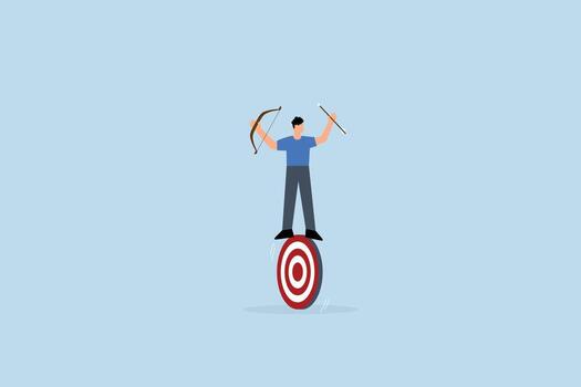 Purpose driven, determined entrepreneur practicing archery with bow and arrow aiming at the target, vector