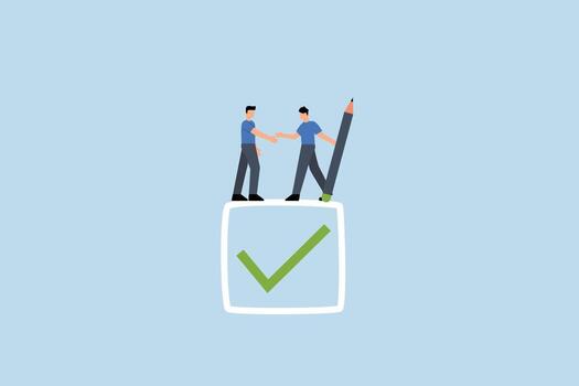 Commitment, businessman handshake on tick completed checkbox, vector
