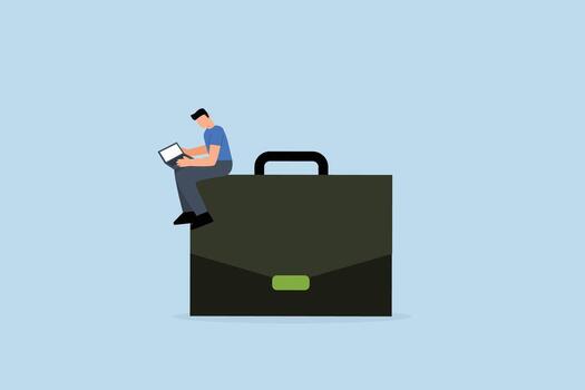 Work experience, entrepreneur using a laptop computer on briefcase vector