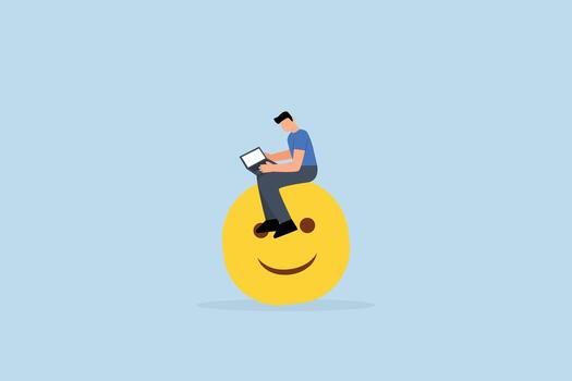 Work happiness, content entrepreneur using computer with cheerful expression vector
