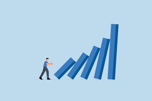 Small tiny habits to change or increase productivity, businessman pushing tiny domino to make bigger one fall, vector