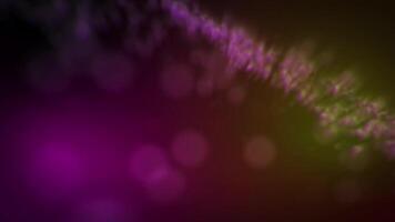 Abstract glowing stream of purple and green energy particles flowing across a dark background with vibrant bokeh effects, a futuristic digital backdrop video