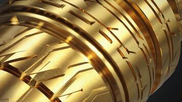 dichtbij omhoog van een gouden getextureerde voorwerp met meetkundig uitsparingen en reflecterende oppervlakte detail texturen patronen achtergrond video