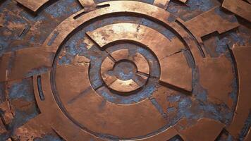 cerca arriba de un circular cobre diseño con geométrico formas y resistido textura en un azul antecedentes texturas patrones antecedentes video