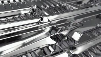 Close up of a shiny metal grill with parallel bars and repeating patterns in silver color tone textures patterns background video