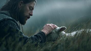 Man caring for a sheep in a stormy field at dusk, reflecting compassion and vulnerability video