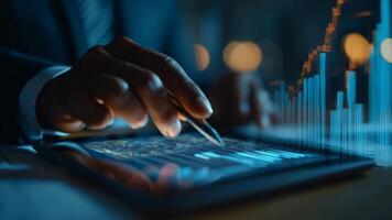 profissional homem analisando financeiro dados em tábua com dinâmico gráficos e brilhando elementos video