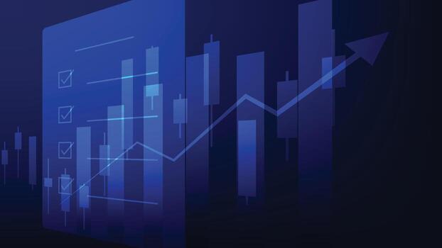 valores mercado gráfico con candelabros y bar grafico con Lista de Verificación en azul antecedentes vector