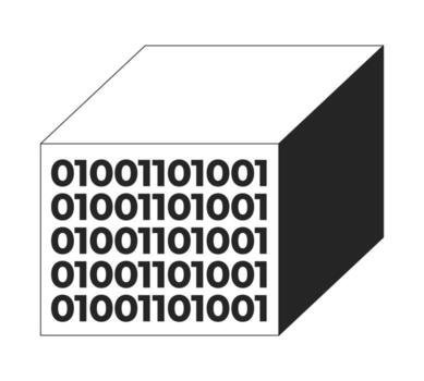Binary data cube 2D line object. Digital computation technology. Programming cubic. Numeral zero one block. Coding blockchain isolated clipart ink outline item. Monochrome spot illustration vector
