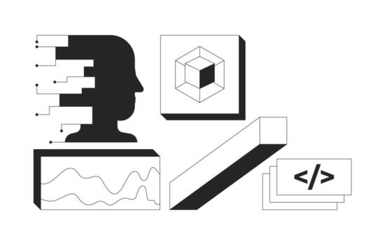 Digital tools and artificial intelligence 2D line objects set. Cognitive circuit lines, code. Data, web development isolated cliparts ink outline items. Monochrome spot illustrations collection vector