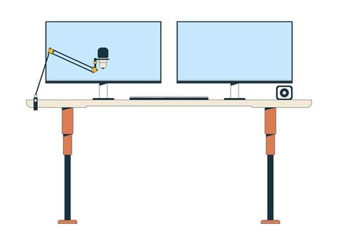 Professional dual-monitors desk setup with microphone arm 2D cartoon object. Two screens, computer keyboard, webcam, adjustable table isolated element flat clip art on white. Spot illustration vector