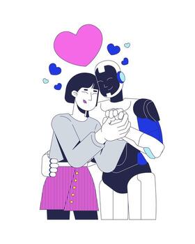 Human and AI relationship 2D illustration concept. Artificial intelligence attachment. Asian woman embracing humanoid robot affectionately cartoon characters isolated. Flat abstract metaphor vector
