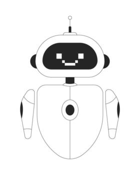 Friendly AI robot with pixelated smile 2D line character. Artificial intelligence robotics cute. Customer bot, chatbot isolated ink outline personage. Monochromatic spot illustration vector