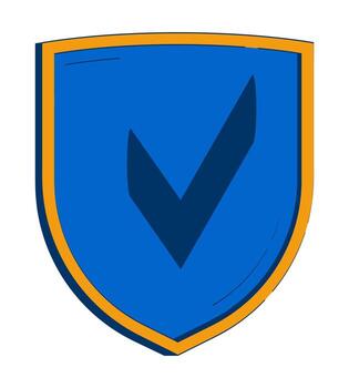 Security shield with approval check 2D doodle object. Data protection. Verified access. Trusted secure symbol cartoon element flat clipart isolated on white background. Hand drawn illustration vector