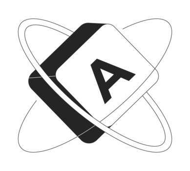 Language block with atomic orbit 2D line object. Computer keyboard key with letter A and orbiting rings. Digital alphabet isolated clipart ink outline item. Monochrome spot illustration vector