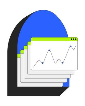 apilado navegador ventanas con línea grafico 2d dibujos animados objeto. analítico cuadro. actuación supervisión. y2k web ventanas con datos puntos aislado elemento plano acortar Arte en blanco. Mancha ilustración vector