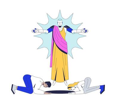 Worshipping artificial intelligence 2D illustration concept. AI deity. Religion reverence. Divine robot with people praying bowing cartoon characters isolated on white. Flat abstract metaphor vector
