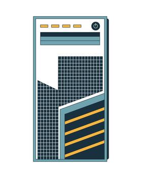 Modern desktop computer case 2D cartoon object. Hardware enclosure with geometric grid design. Tech device with power button isolated element flat clip art on white. Spot illustration vector