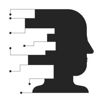 Digital human profile with data nodes 2D black filled object. Head silhouette circuit lines. Circuitry electronic artificial intelligence isolated clipart ink item. Monochrome spot illustration vector
