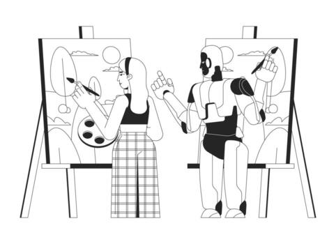 AI stealing from artist line illustration concept. Theft of intellectual property. Artificial intelligence copying, replicating human creativity outline 2D characters isolated. Ink linear metaphor vector