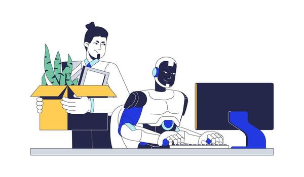 AI takeover 2D illustration concept. Job displacement. Artificial intelligence workforce. Robot replaces human employee in workplace cartoon characters isolated on white. Flat abstract metaphor vector