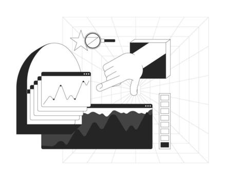 Data analytics line onboarding ui illustration. Charts graphs. Hand interaction. Star rating. Intuitive dashboard. Digital workspace outline 2D concept isolated. Ink linear metaphor art vector