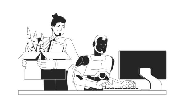 AI takeover line illustration concept. Job displacement. Artificial intelligence workforce. Robot replaces human employee in workplace outline 2D characters isolated. Ink linear metaphor art vector