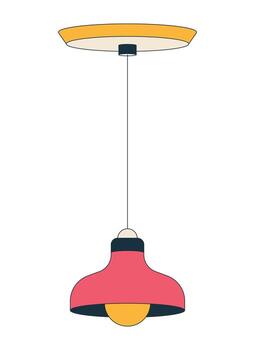 Hanging retro pendant light with lampshade 2D cartoon object. Ceiling fixture suspended by thin cord with lamp bulb. Home lighting isolated element flat clip art on white. Spot illustration vector