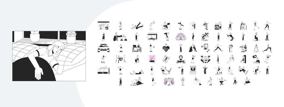 Blonde woman character with lifestyle and daily routine outline illustrations mega bundle. Working, relaxing, sleeping, exercising 2D linear images isolated. Collection black and white drawings vector